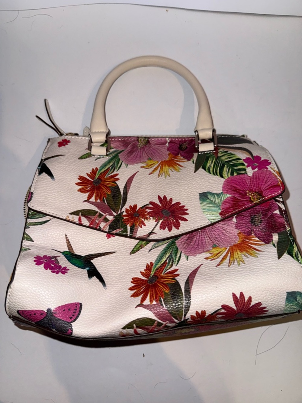 Floral Print Top-Handle Satchel in Cream and Pink